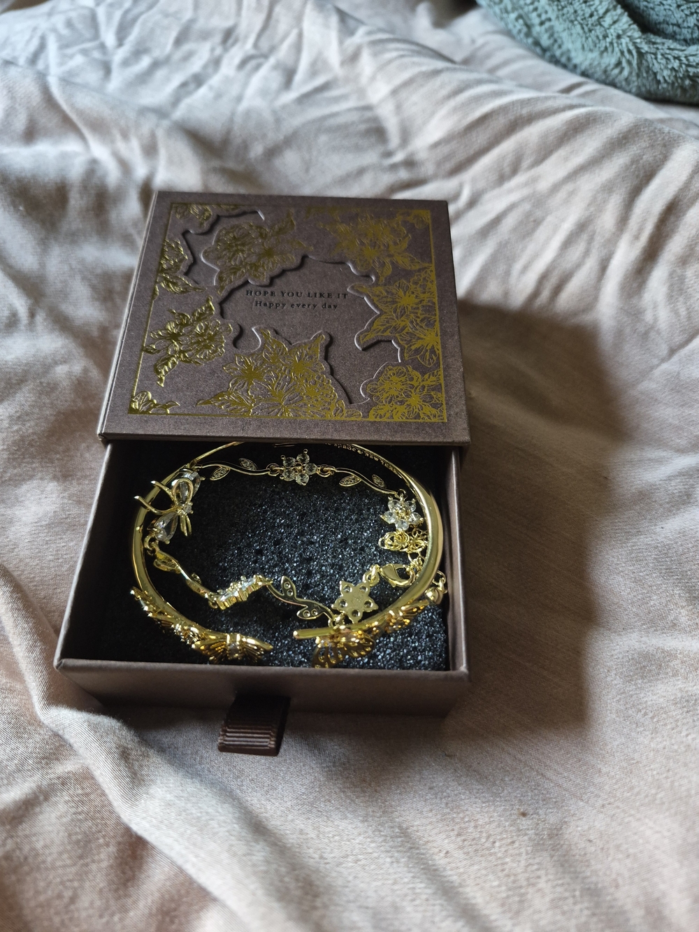 Gold Floral Open Bangle Bracelet - Women Jewelry